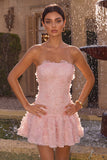 Roze A-lijn strapless parelmoer bloemen korte homecoming jurk