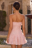 Roze A-lijn strapless parelmoer bloemen korte homecoming jurk