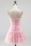 Roze A-lijn strapless parelmoer bloemen korte homecoming jurk