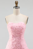 Roze A-lijn strapless parelmoer bloemen korte homecoming jurk