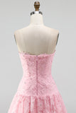 Roze A-lijn strapless parelmoer bloemen korte homecoming jurk