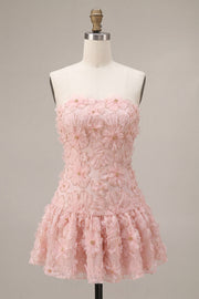 Roze A-lijn strapless parelmoer bloemen korte homecoming jurk