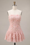 Roze A-lijn strapless parelmoer bloemen korte homecoming jurk