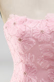 Roze A-lijn strapless parelmoer bloemen korte homecoming jurk