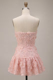 Roze A-lijn strapless parelmoer bloemen korte homecoming jurk