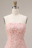 Roze A-lijn strapless parelmoer bloemen korte homecoming jurk
