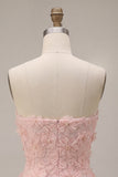 Roze A-lijn strapless parelmoer bloemen korte homecoming jurk