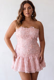 Roze A-lijn strapless parelmoer bloemen korte homecoming jurk
