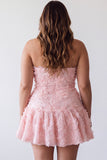Roze A-lijn strapless parelmoer bloemen korte homecoming jurk