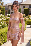 Sprankelende champagne off-the-shoulder bodycon pailletten homecoming jurk