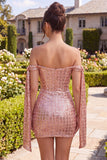 Sprankelende champagne off-the-shoulder bodycon pailletten homecoming jurk