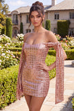 Sprankelende champagne off-the-shoulder bodycon pailletten homecoming jurk