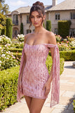 Sprankelende champagne off-the-shoulder bodycon pailletten homecoming jurk