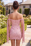 Sprankelende champagne off-the-shoulder bodycon pailletten homecoming jurk