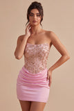 Roze strapless bodycon met kralen, gerimpelde homecoming-jurk