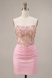 Roze strapless bodycon met kralen, gerimpelde homecoming-jurk