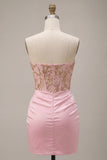 Roze strapless bodycon met kralen, gerimpelde homecoming-jurk