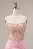 Roze strapless bodycon met kralen, gerimpelde homecoming-jurk