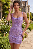 Plum Bodycon Spaghetti Straps Korset Pailletten Homecoming Jurk met strik