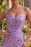 Plum Bodycon Spaghetti Straps Korset Pailletten Homecoming Jurk met strik