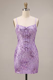 Plum Bodycon Spaghetti Straps Korset Pailletten Homecoming Jurk met strik