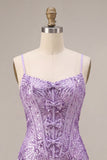 Plum Bodycon Spaghetti Straps Korset Pailletten Homecoming Jurk met strik