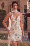 Sprankelende witte roze bloem bodycon pailletten homecomingjurk met franjes