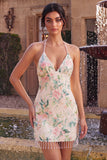 Sprankelende witte roze bloem bodycon pailletten homecomingjurk met franjes
