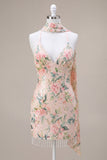 Sprankelende witte roze bloem bodycon pailletten homecomingjurk met franjes
