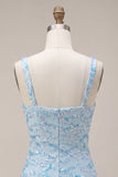 Glinsterende hemelsblauwe bodycon Dikke bandjes pailletten Homecoming jurk met split