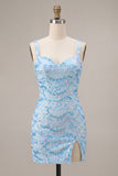Glinsterende hemelsblauwe bodycon Dikke bandjes pailletten Homecoming jurk met split