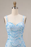 Glinsterende hemelsblauwe bodycon Dikke bandjes pailletten Homecoming jurk met split