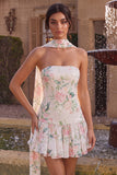 Sprankelende witte roze bloem A-lijn strapless pailletten homecoming jurk met halsdoek