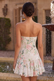 Sprankelende witte roze bloem A-lijn strapless pailletten homecoming jurk met halsdoek