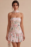 Sprankelende witte roze bloem A-lijn strapless pailletten homecoming jurk met halsdoek