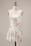 Sprankelende witte roze bloem A-lijn strapless pailletten homecoming jurk met halsdoek