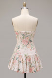 Sprankelende witte roze bloem A-lijn strapless pailletten homecoming jurk met halsdoek