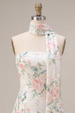 Sprankelende witte roze bloem A-lijn strapless pailletten homecoming jurk met halsdoek