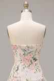 Sprankelende witte roze bloem A-lijn strapless pailletten homecoming jurk met halsdoek