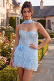 Hemelsblauwe korset met pailletten A-lijn strapless homecomingjurk met halsdoek