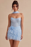 Hemelsblauwe korset met pailletten A-lijn strapless homecomingjurk met halsdoek