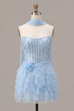 Hemelsblauwe korset met pailletten A-lijn strapless homecomingjurk met halsdoek