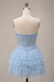 Hemelsblauwe korset met pailletten A-lijn strapless homecomingjurk met halsdoek