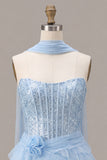 Hemelsblauwe korset met pailletten A-lijn strapless homecomingjurk met halsdoek