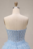 Hemelsblauwe korset met pailletten A-lijn strapless homecomingjurk met halsdoek