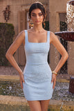 Hemelsblauwe vierkante hals bodycon homecomingjurk met kralen