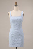 Hemelsblauwe vierkante hals bodycon homecomingjurk met kralen