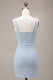 Hemelsblauwe vierkante hals bodycon homecomingjurk met kralen