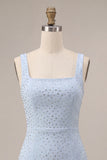 Hemelsblauwe vierkante hals bodycon homecomingjurk met kralen