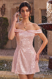 Glinsterende roze A-lijn off the shoulder pailletten homecoming jurk